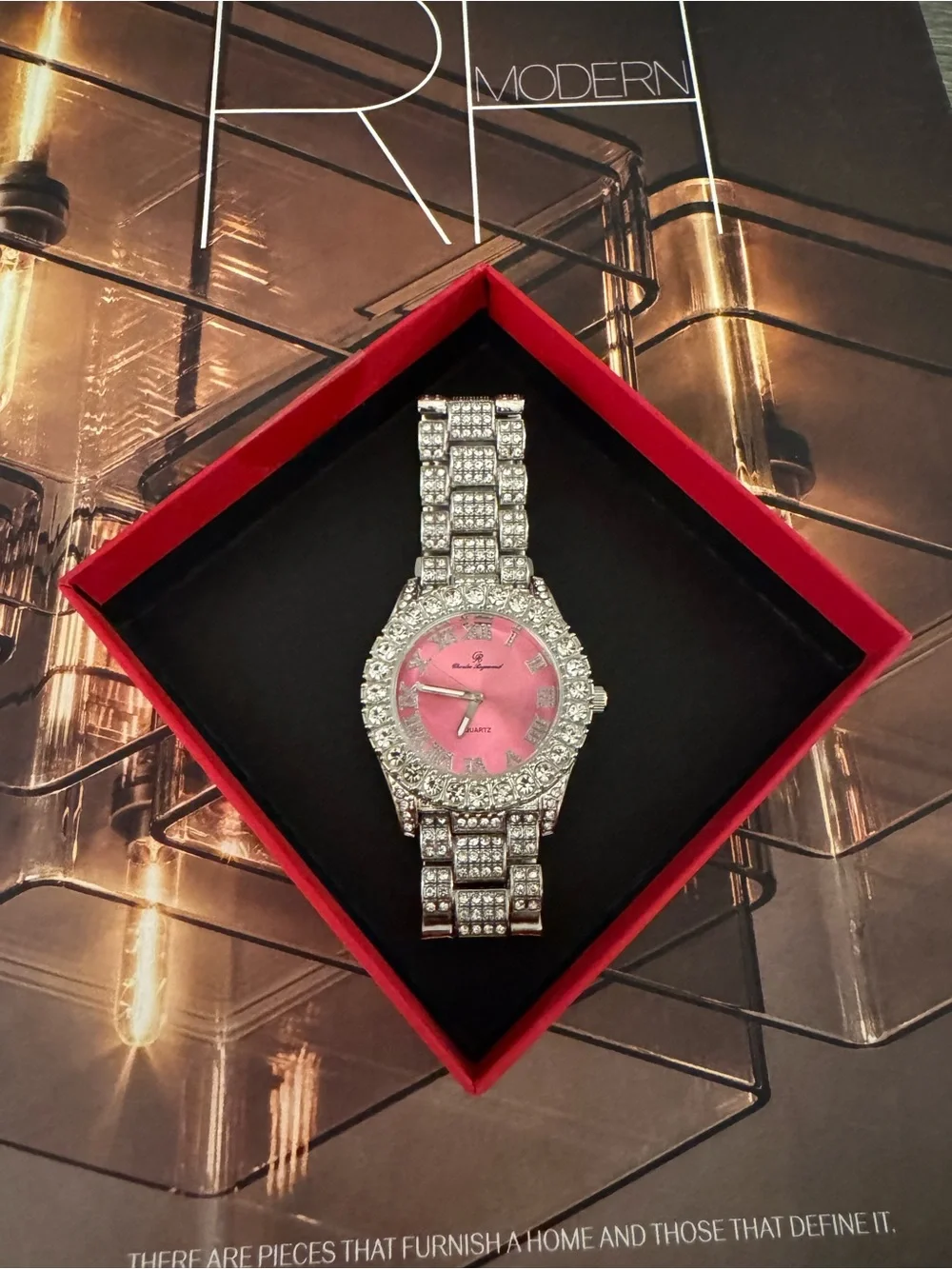 Charles Raymond Vintage Iced Out Luxury Pink Silver Lab Diamond Watch